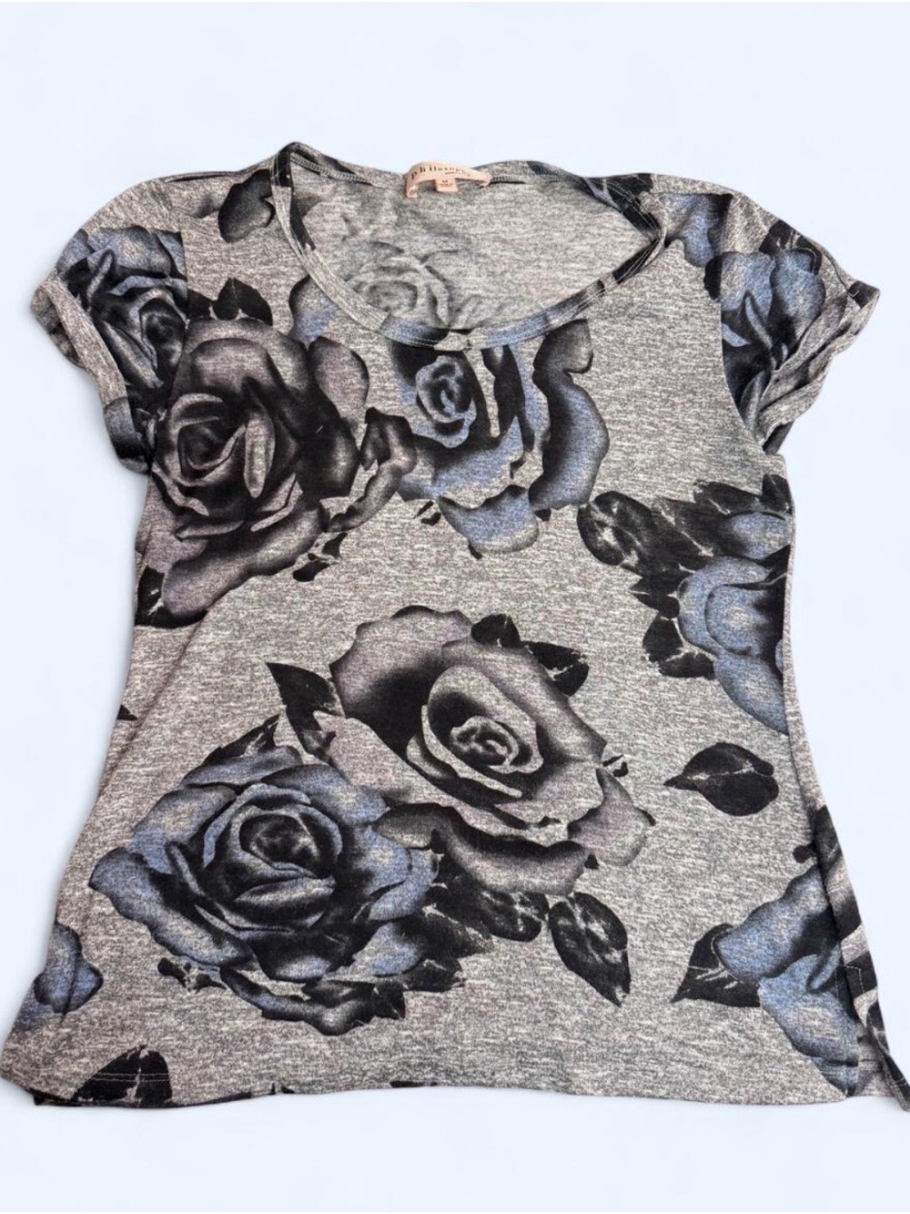 Philosophy Gray Tee with Black and Blue Rose Print